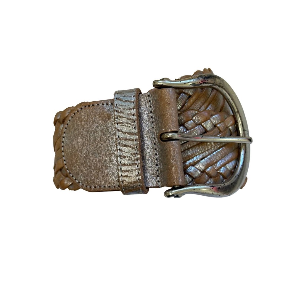 Linea Pelle Tan Silver Gold Metallic Braided Leather Belt sz M 41" - Picture 7 of 11